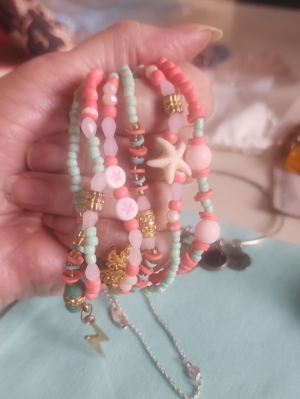 6 Braclet Beaded Stackable Set with Starfish, Angel, Lightning Bolt Charm